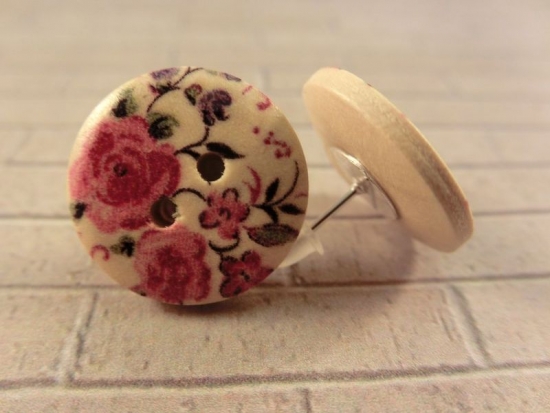 Preview: bunte Blumen Holzknopf Ohrstecker Natur Button